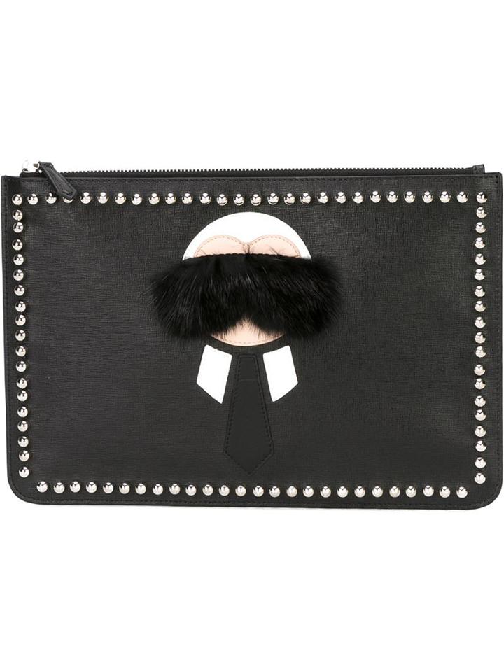 Fendi 'karlito' Clutch, Men's, Black, Calf Leather/metal (other)/artificial Fur