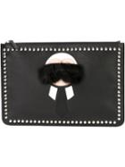 Fendi 'karlito' Clutch, Men's, Black, Calf Leather/metal (other)/artificial Fur