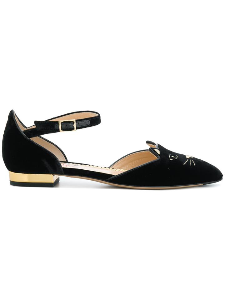 Charlotte Olympia Velvet Kitty Flats - Black
