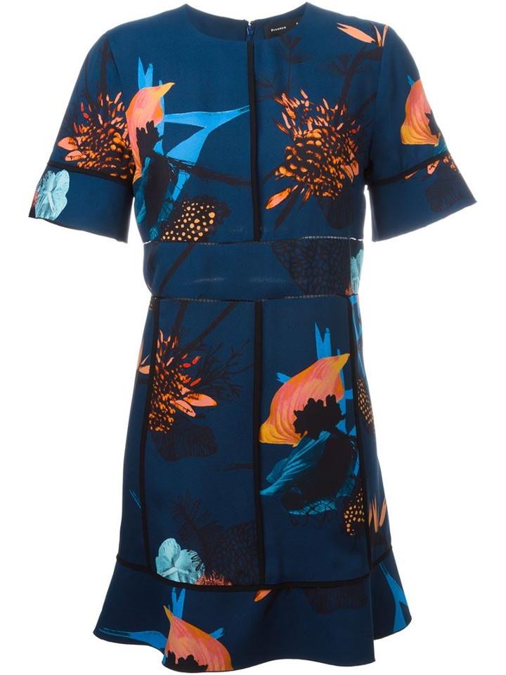 Proenza Schouler Floral Shortsleeved Dress, Women's, Size: 6, Blue, Viscose/silk/polyester
