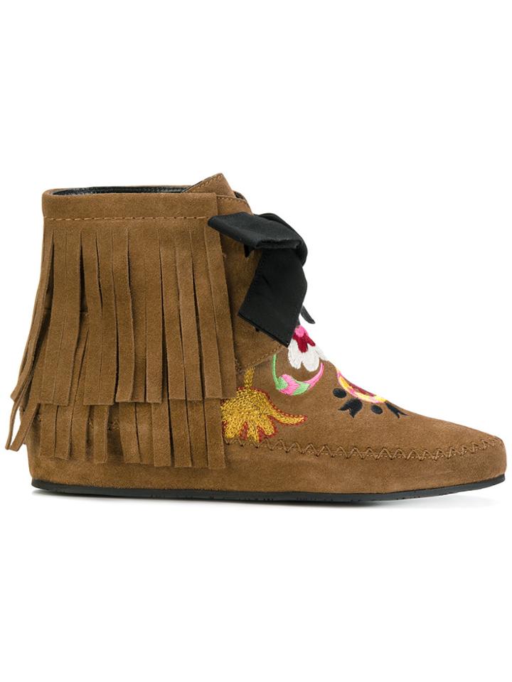 Etro Fringed Embroidered Ankle Boots - Brown