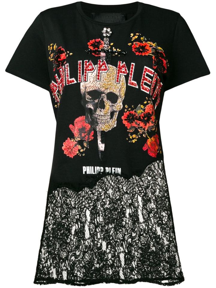Philipp Plein Printed Lace Hem Tee - Black
