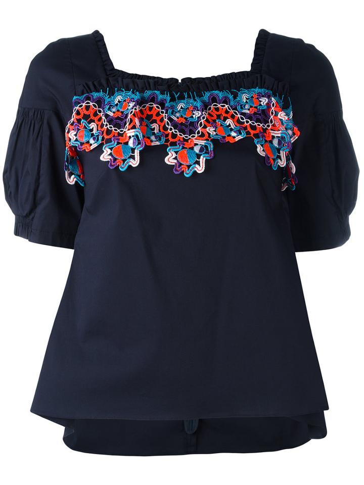 Peter Pilotto - Ruffle Neck Lace Insert Blouse - Women - Cotton/polyamide/polyester/spandex/elastane - 8, Blue, Cotton/polyamide/polyester/spandex/elastane