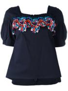 Peter Pilotto - Ruffle Neck Lace Insert Blouse - Women - Cotton/polyamide/polyester/spandex/elastane - 8, Blue, Cotton/polyamide/polyester/spandex/elastane