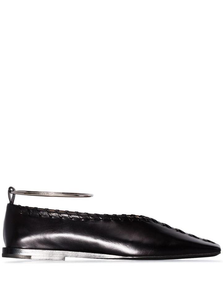 Jil Sander Black Square Toe Metal Anket Leather Flat Pumps