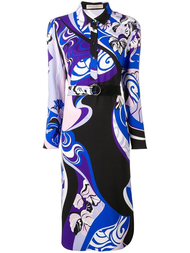 Emilio Pucci Hanami Print Belted Shirt Dress - Blue