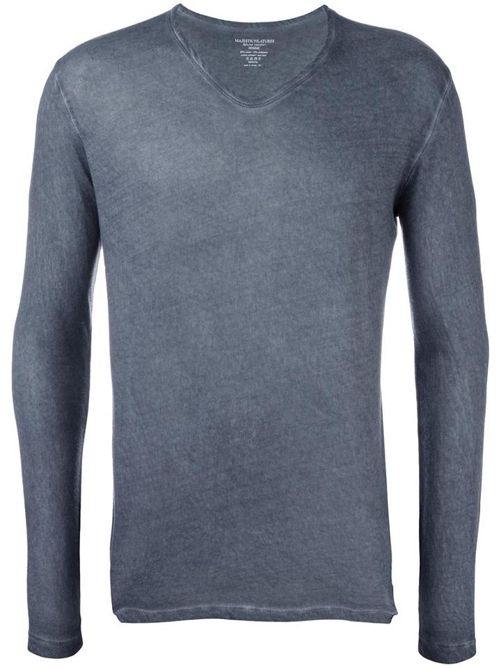 Majestic Filatures V-neck Longsleeved T-shirt, Men's, Size: Large, Blue, Cotton/cashmere