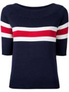 Guild Prime - Striped Half Sleeve Sweater - Women - Cotton/rayon - 36, Blue, Cotton/rayon