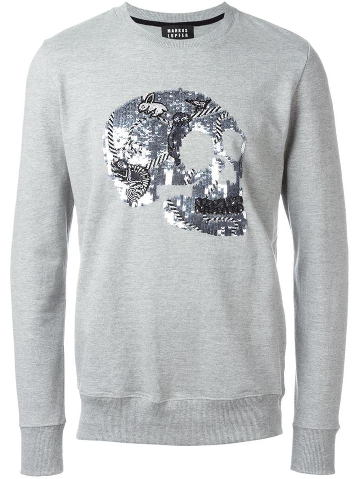 Markus Lupfer Sequin Skull Sweatshirt, Men's, Size: Large, Grey, Cotton