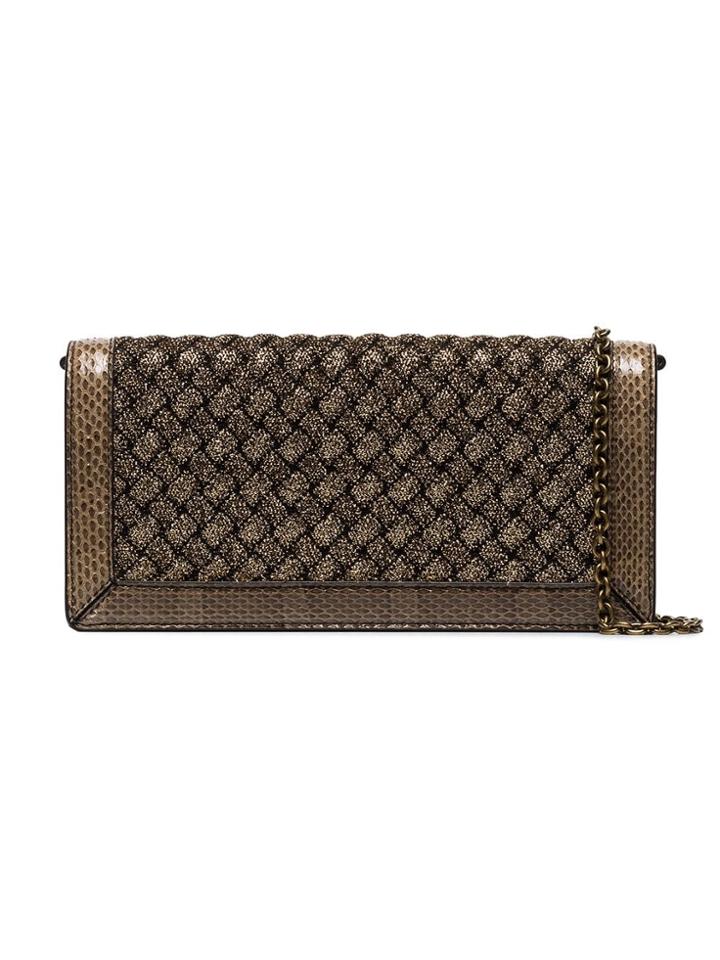 Bottega Veneta Metallic Weave Foldover Clutch Bag - Gold