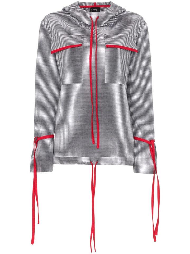 N Duo Check Print Cotton Blend Tie Detail Hoodie - Grey