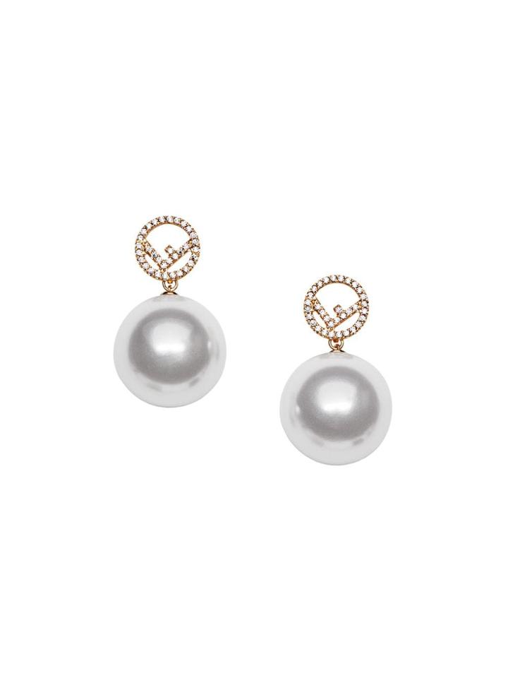 Fendi F Motif Drop Earrings - F18a4-soft Gold +white +cr