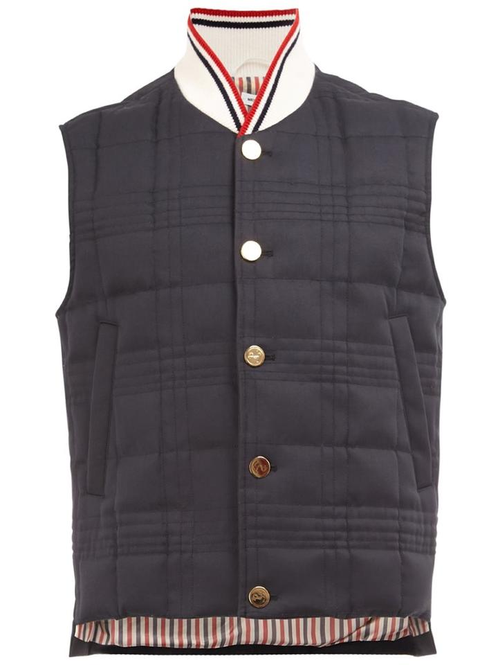 Thom Browne Checked High Neck Gilet, Men's, Size: 3, Blue, Cotton/feather Down/nylon/feather