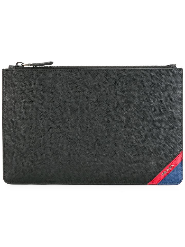 Prada Brand Embellished Classic Clutch, Men's, Black, Leather