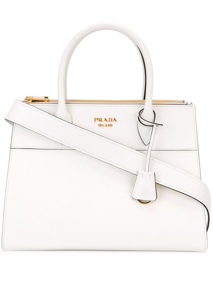 Prada Logo Plaque Tote, Women's, White, Calf Leather