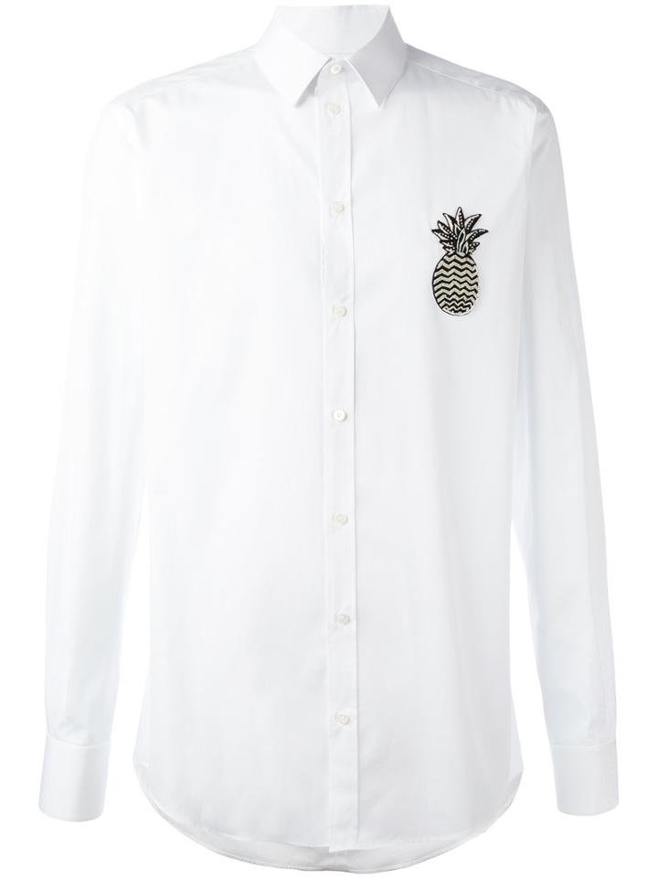 Dolce & Gabbana Pineapple Detail Shirt, Men's, Size: 40, White, Cotton/plastic/glass/silk