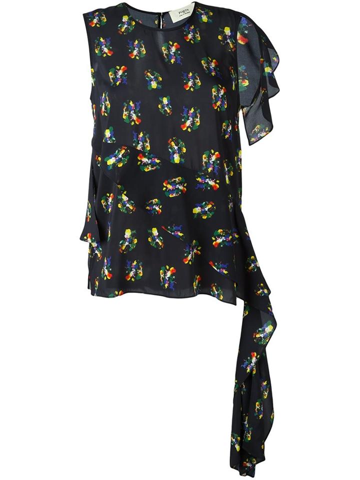 Ports 1961 Asymmetric Floral Print Top, Women's, Size: 40, Black, Viscose