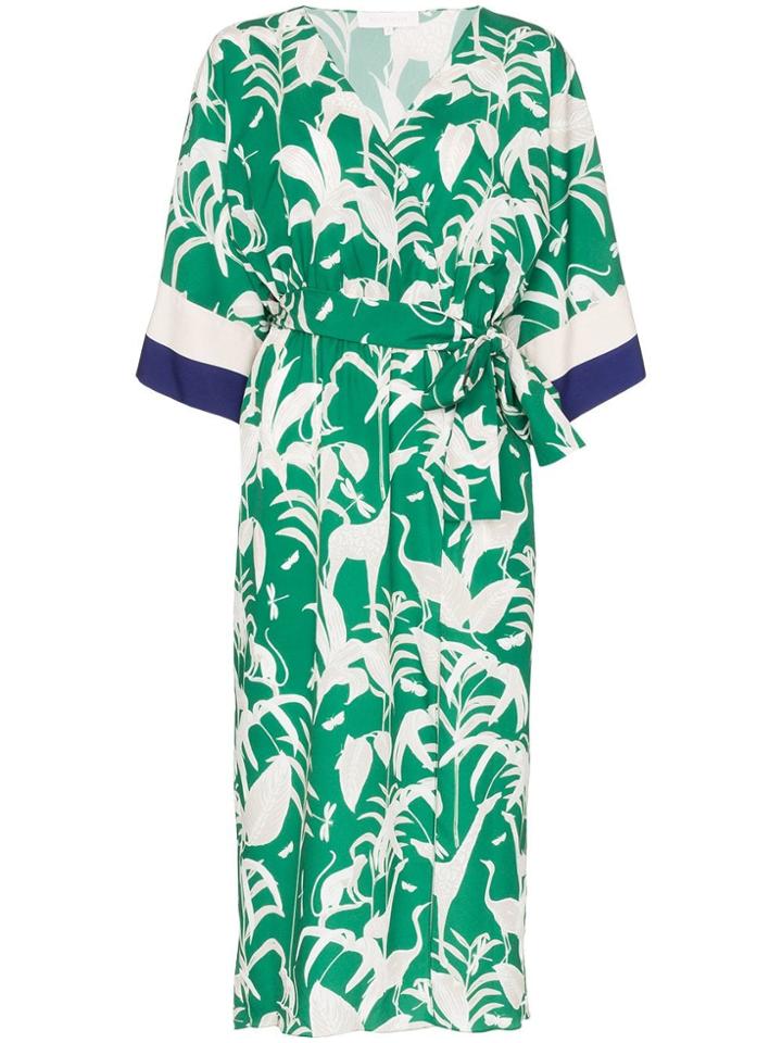 Borgo De Nor Leaf-print Belted Kimono Dress - Green