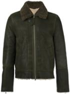 Closed Collar Detail Zipped Bomber Jacket, Men's, Size: Large, Green, Lamb Skin