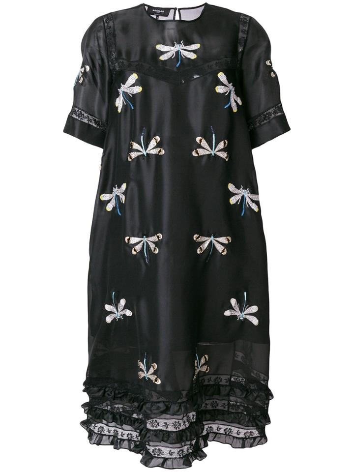 Rochas Dragonfly Embroidered Peasant Dress - Black