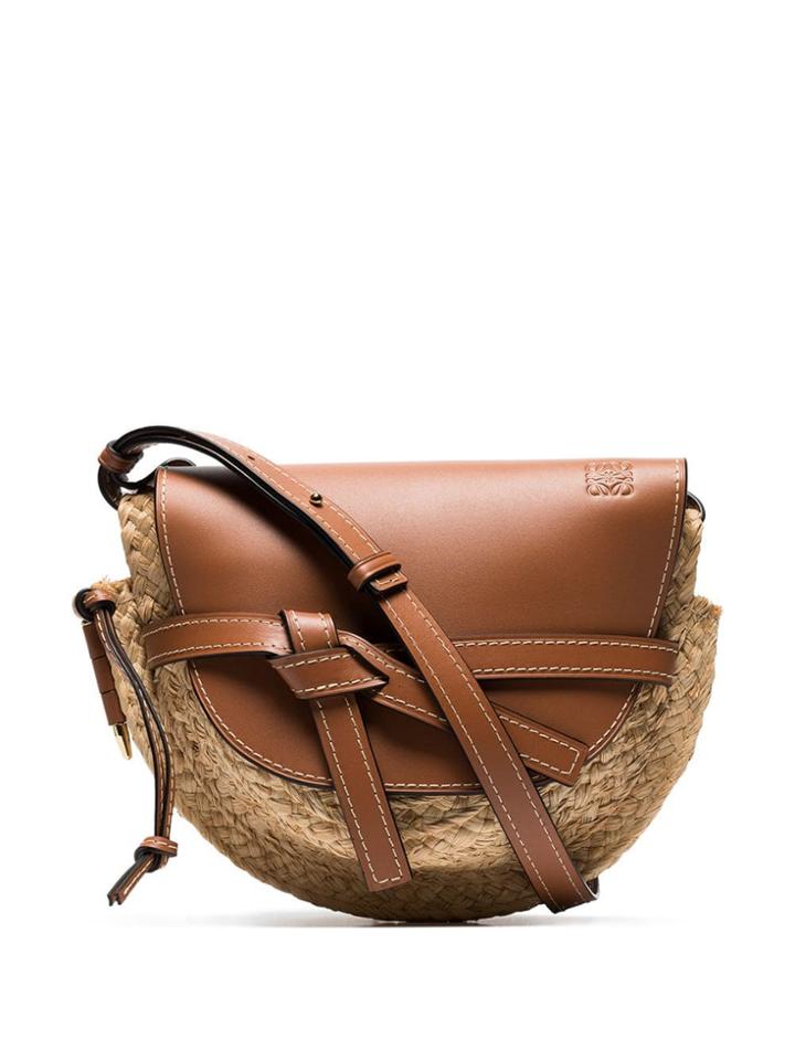 Loewe Beige And Brown Gate Mini Leather And Raffia Shoulder Bag