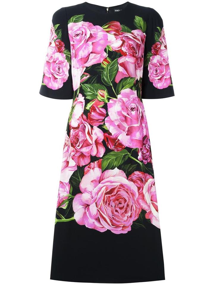Dolce & Gabbana Rose Print Cady Dress, Women's, Size: 40, Black, Viscose/spandex/elastane/silk