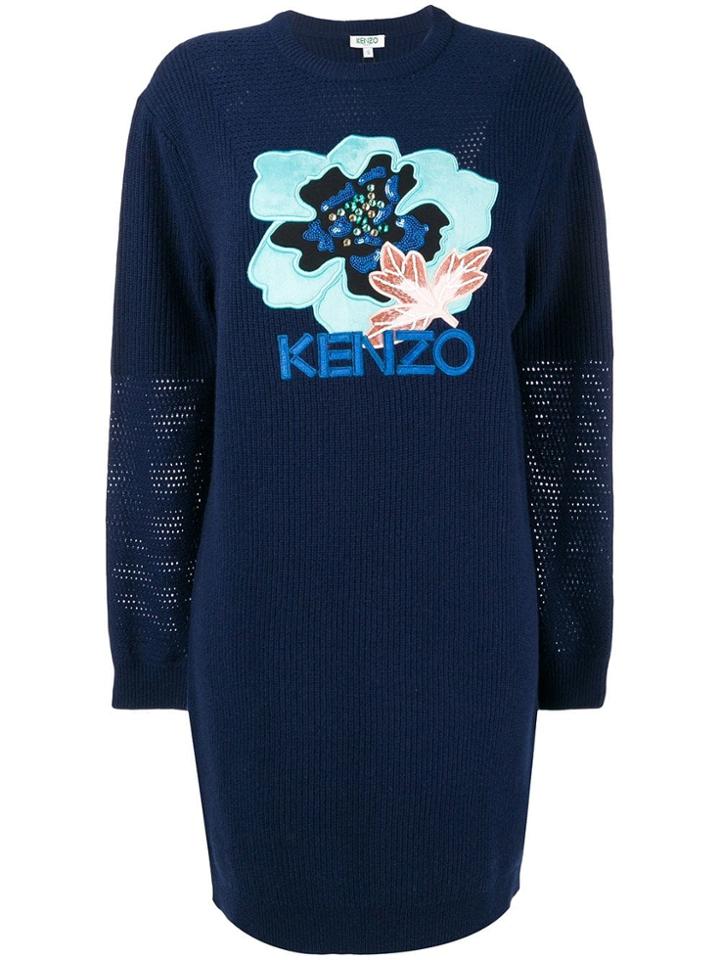 Kenzo Embroidered Hibiscus Sweatshirt Dress - Blue