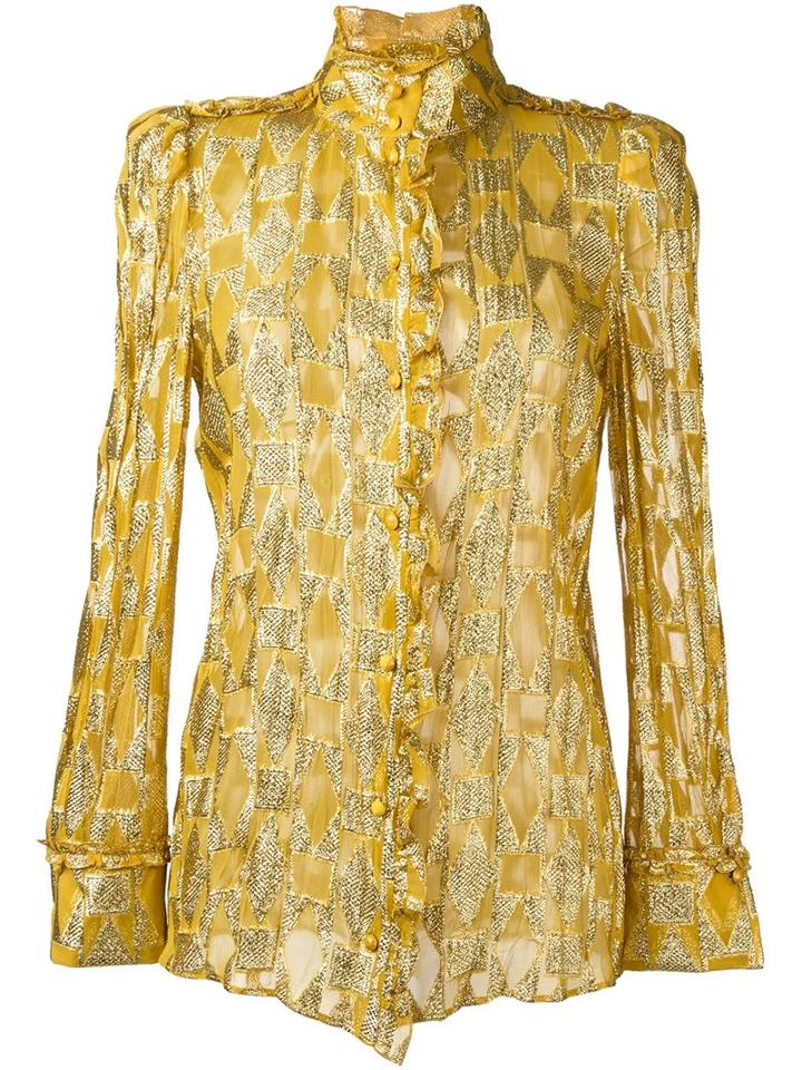 Roberto Cavalli Runway Ruffled Jacquard Blouse, Women's, Size: 44, Grey, Silk/polyester