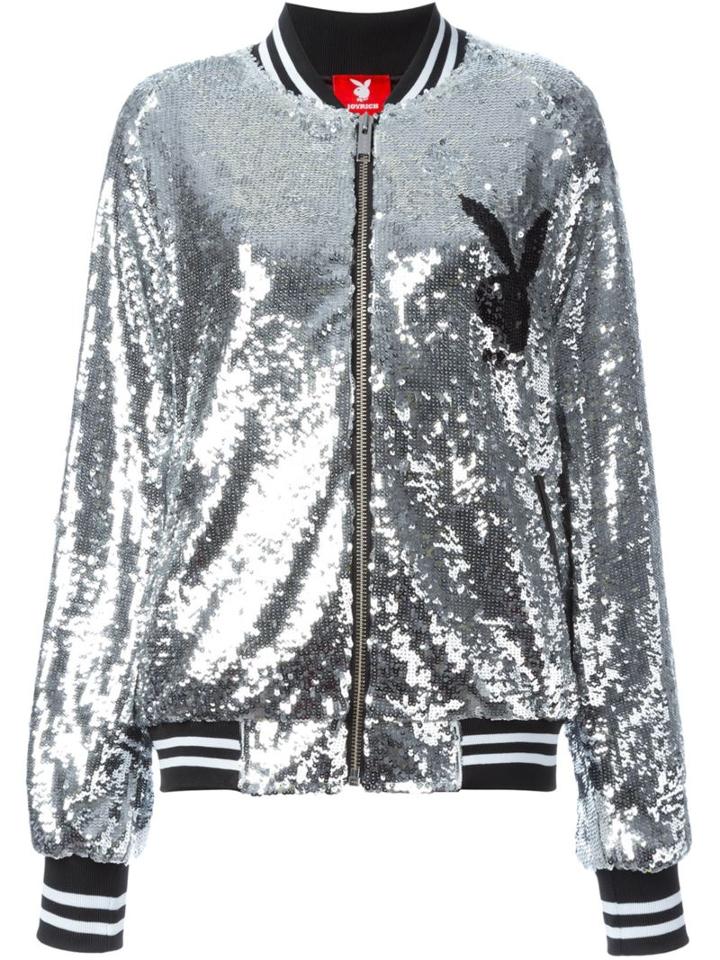 Joyrich Playboy Sequin Bomber Jacket, Women's, Size: Xs, Grey, Polyester