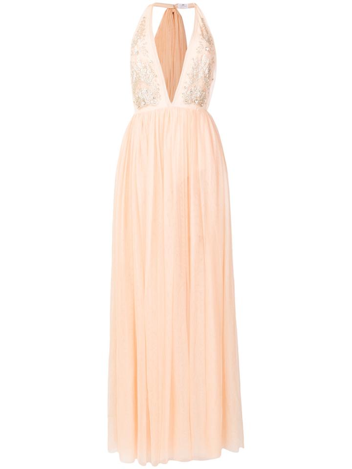 Elisabetta Franchi Deep V-neck Embellished Evening Dress - Yellow &