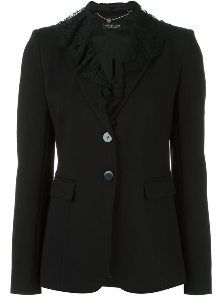Twin-set Lace Detail Blazer, Women's, Size: Large, Black, Polyester/acetate/viscose/spandex/elastane