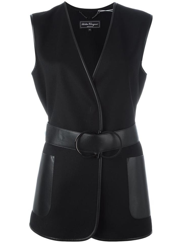 Salvatore Ferragamo Gancio Belted Gilet, Women's, Size: 42, Black, Virgin Wool/cashmere/leather