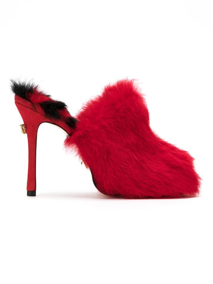 Andrea Bogosian Fur Trim Mules - Red