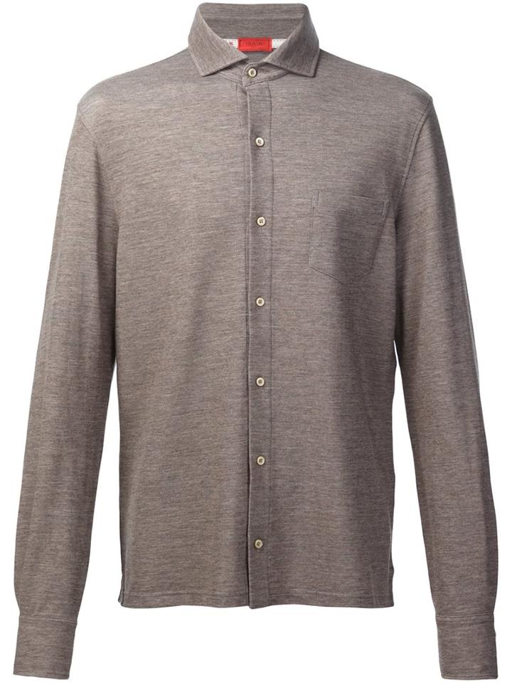 Isaia Long Sleeve Polo Shirt, Men's, Size: Large, Brown, Cotton/wool