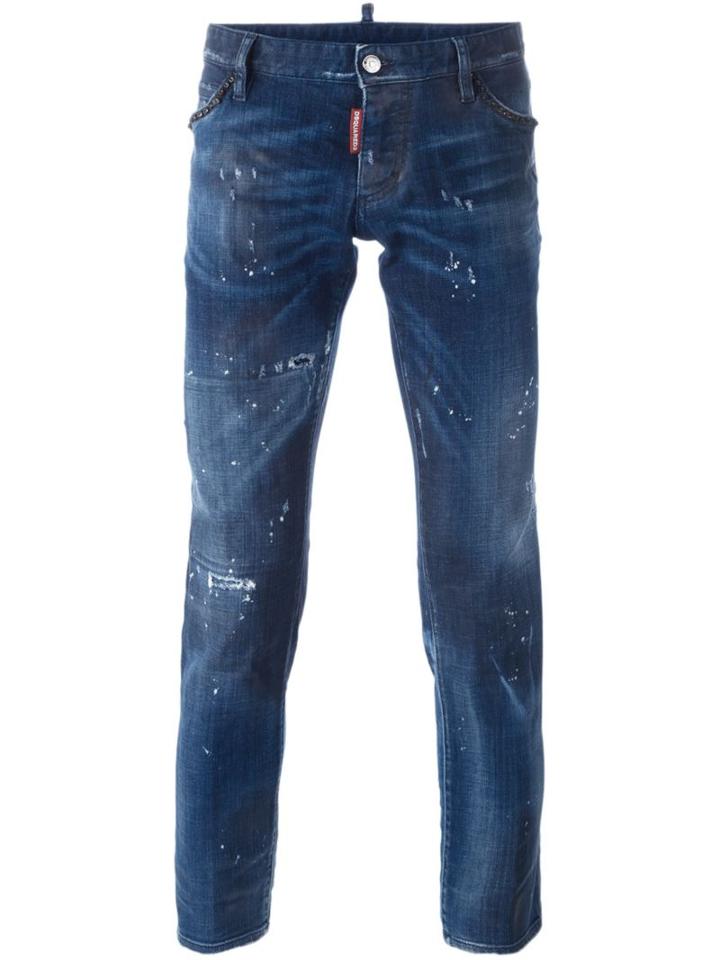 Dsquared2 Distressed Jeans, Men's, Size: 50, Blue, Cotton/calf Leather/spandex/elastane