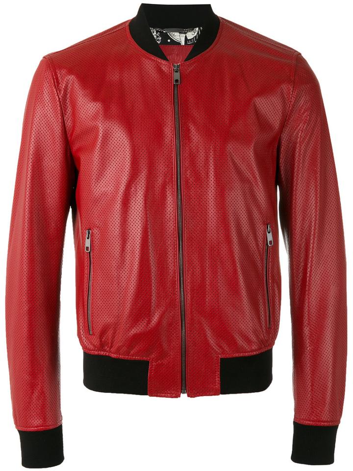 Dolce & Gabbana Perforated Bomber Jacket, Men's, Size: 46, Red, Calf Leather/silk