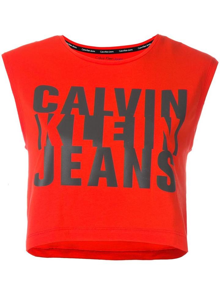 Calvin Klein Jeans Logo Print Cropped Top, Women's, Size: Medium, Red, Cotton/spandex/elastane