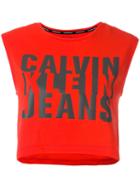 Calvin Klein Jeans Logo Print Cropped Top, Women's, Size: Medium, Red, Cotton/spandex/elastane