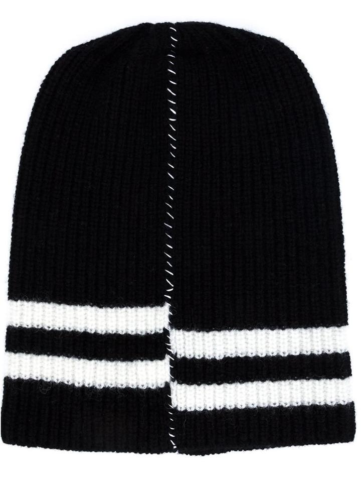Raf Simons Striped Detail Ribbed Beanie, Adult Unisex, Size: Small, Black, Virgin Wool