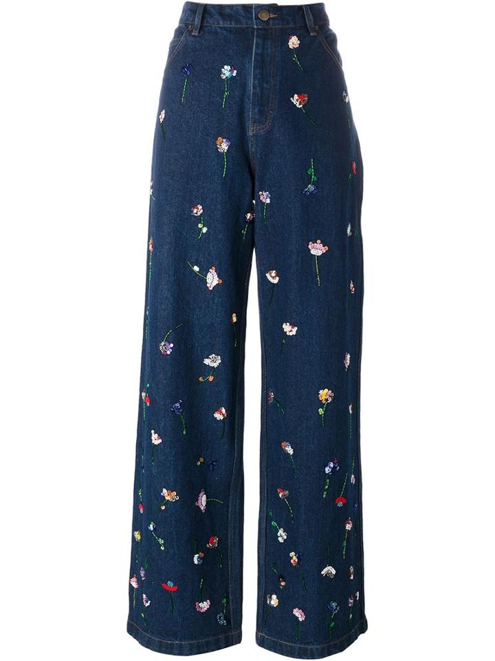 Ashish Flower Embroidered Jeans, Women's, Size: Xs, Blue, Cotton
