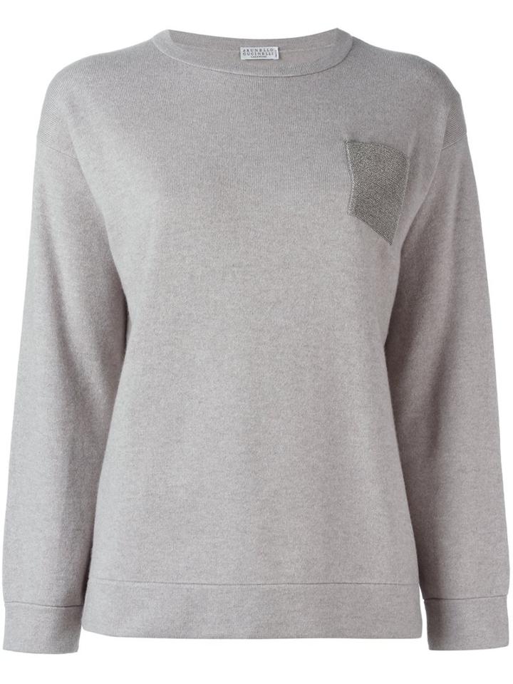 Brunello Cucinelli Chest Pocket Jumper, Women's, Size: Large, Grey, Silk/cashmere/virgin Wool