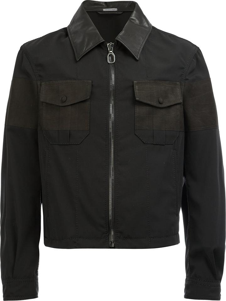 Lanvin Cropped Zip Front Shirt Jacket, Men's, Size: 50, Black, Cotton/calf Leather/virgin Wool
