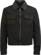 Lanvin Cropped Zip Front Shirt Jacket, Men's, Size: 50, Black, Cotton/calf Leather/virgin Wool