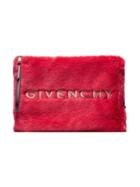 Givenchy Red And White Logo Embroidered Faux Fur Pouch