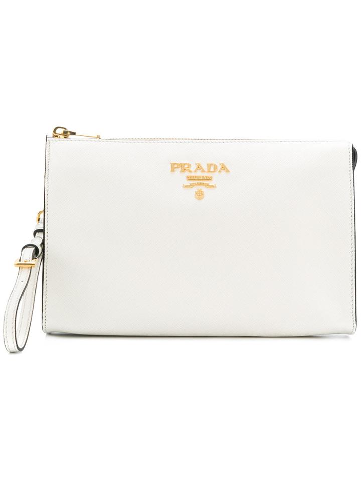 Prada Logo Plaque Clutch Bag - White