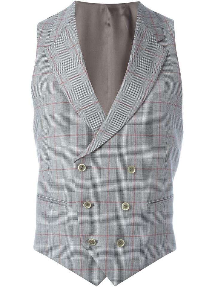 Caruso Double Breasted Plaid Waistcoat, Men's, Size: 48, Grey, Viscose/wool