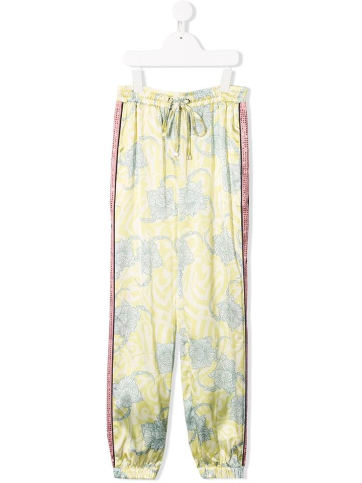 John Richmond Junior Rhinestone Stripe Floral Satin Joggers - Green