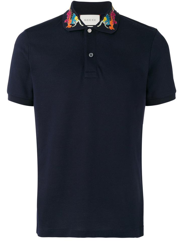 Gucci Embroidered Collar Polo Shirt, Men's, Size: Xl, Blue, Cotton/spandex/elastane/cupro/polyester