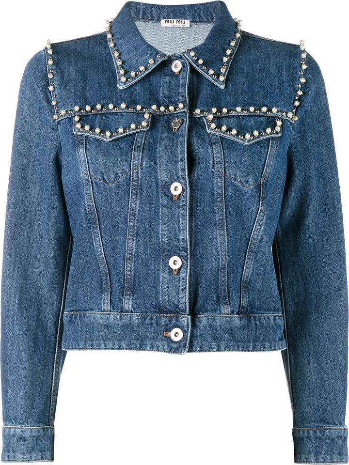 Miu Miu Pearl Embellished Denim Jacket, Women's, Size: 38, Blue, Cotton/metal/glass