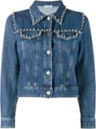 Miu Miu Pearl Embellished Denim Jacket, Women's, Size: 38, Blue, Cotton/metal/glass